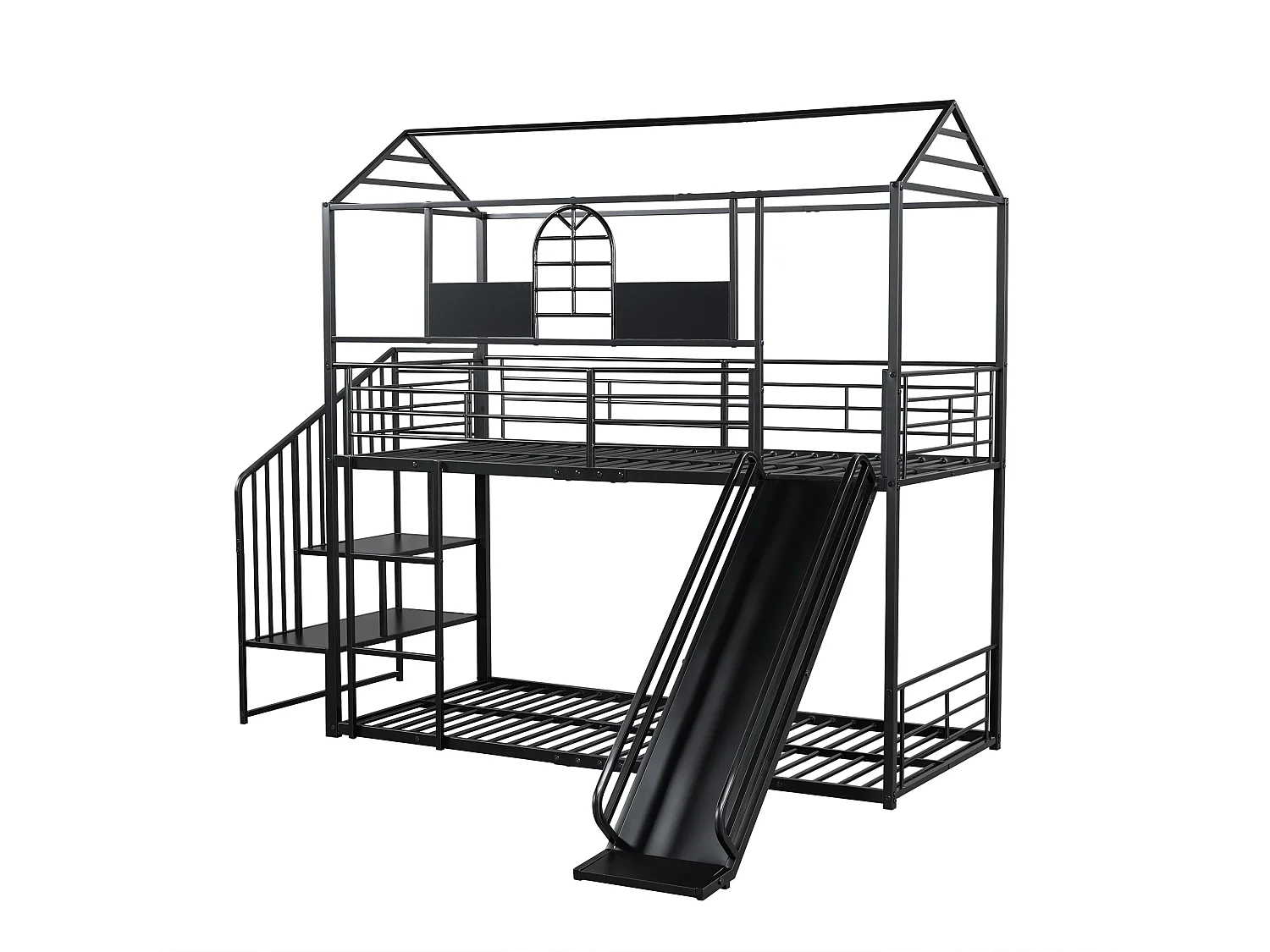 Łóżko piętrowe 90x200cm z metalu - z zjeżdżalnią i barierkami bezpieczeństwa - Czarne
