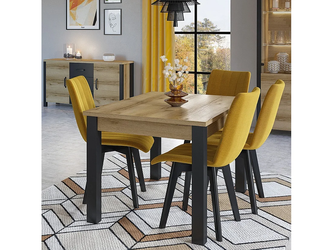 Table extensible 8 personnes pour salle à manger Collection DARWIN. Plateau chêne clair. Pieds noirs