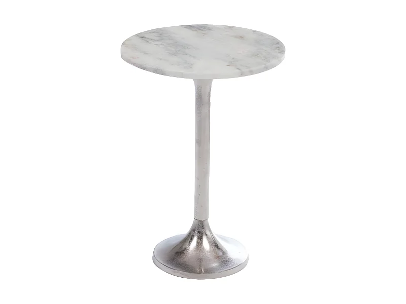 Bout de canapé tulipe en métal argenté et marbre blanc D40 - PLAKA