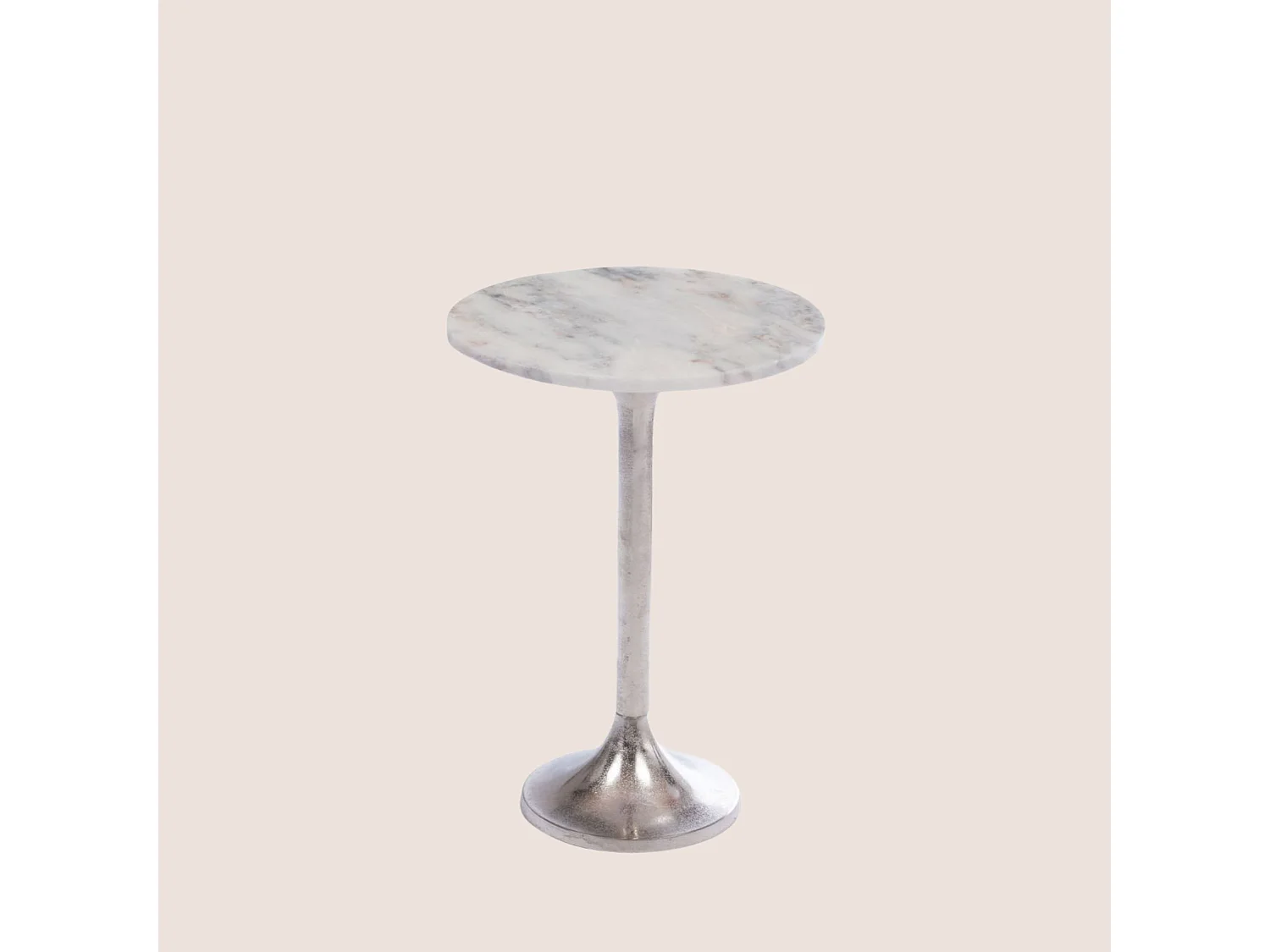 Bout de canapé tulipe en métal argenté et marbre blanc D40 - PLAKA