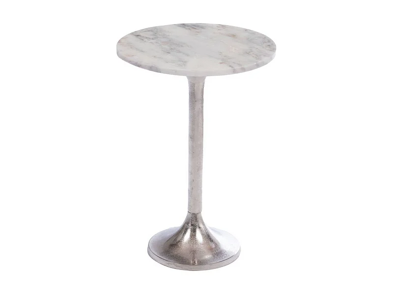 Bout de canapé tulipe en métal argenté et marbre blanc D40 - PLAKA