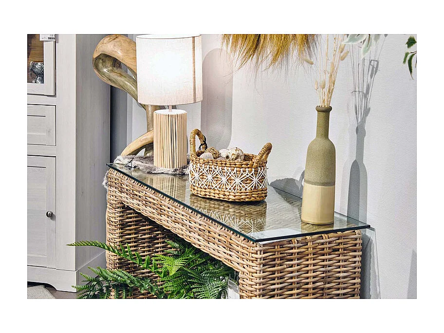 Panier ovale 31 cm tressé en jacinthe d’eau anses et broderies – CORAL