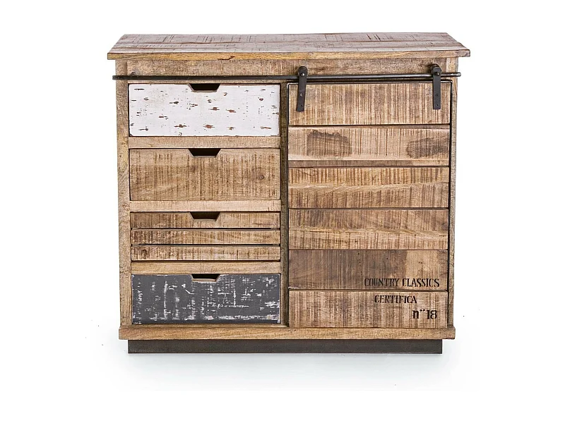 Buffet bas en bois de manguier et métal 1 porte coulissante 4 tiroirs - HARLEM