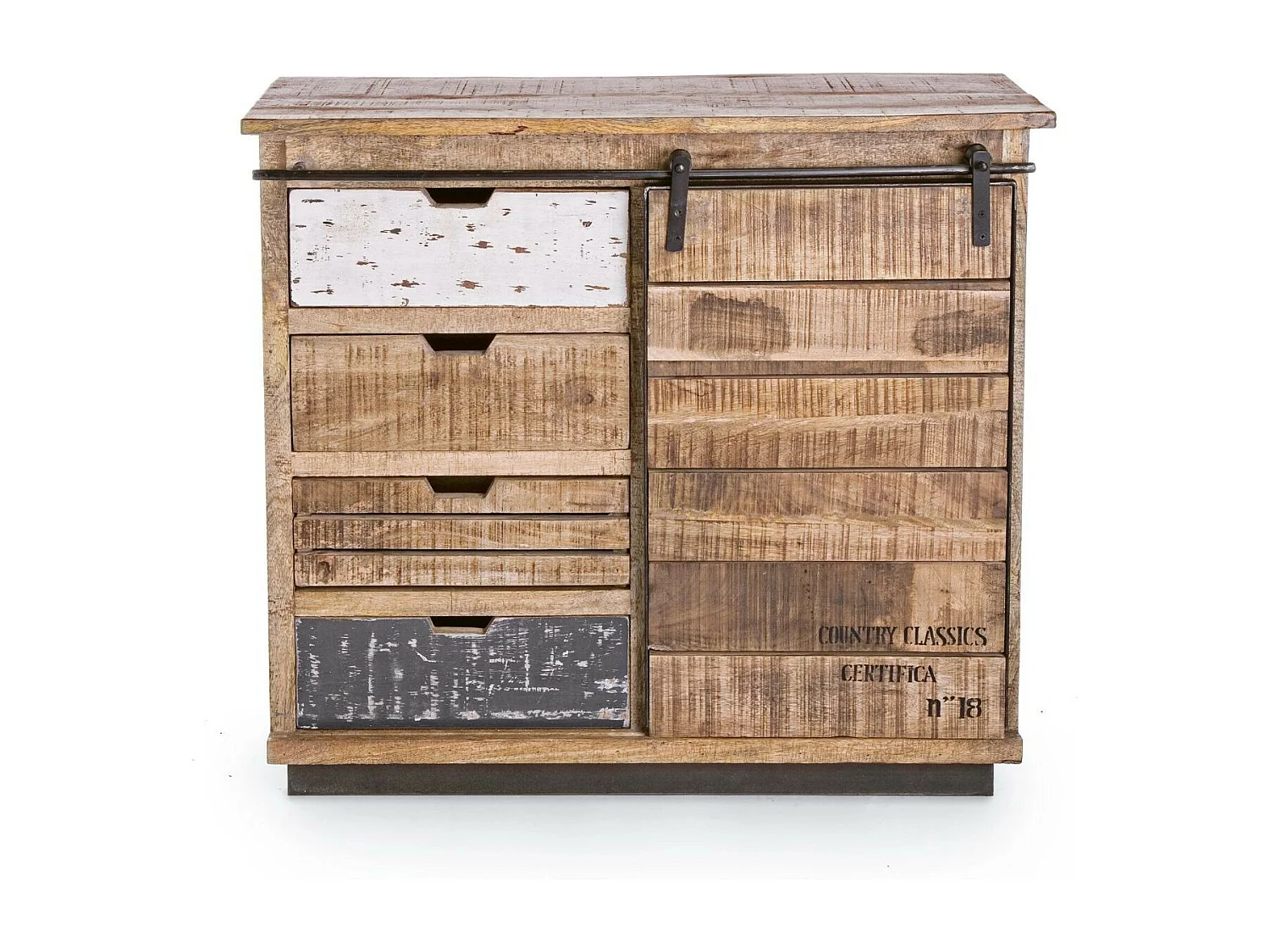 Buffet bas en bois de manguier et métal 1 porte coulissante 4 tiroirs - HARLEM