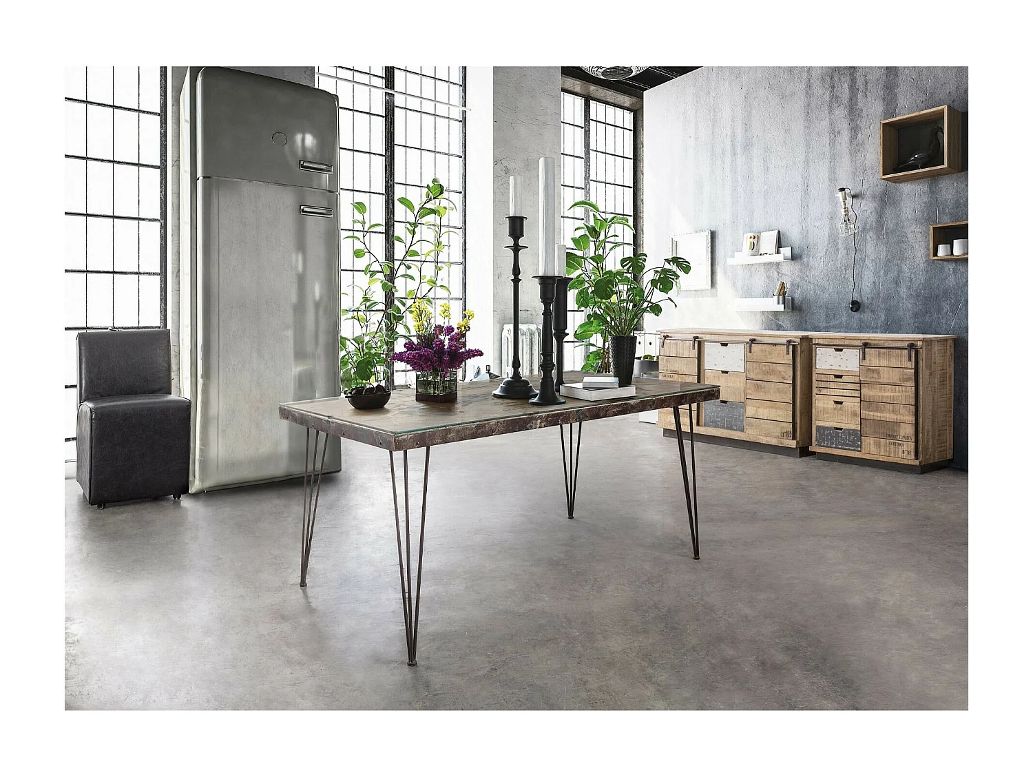 Buffet bas en bois de manguier et métal 1 porte coulissante 4 tiroirs - HARLEM