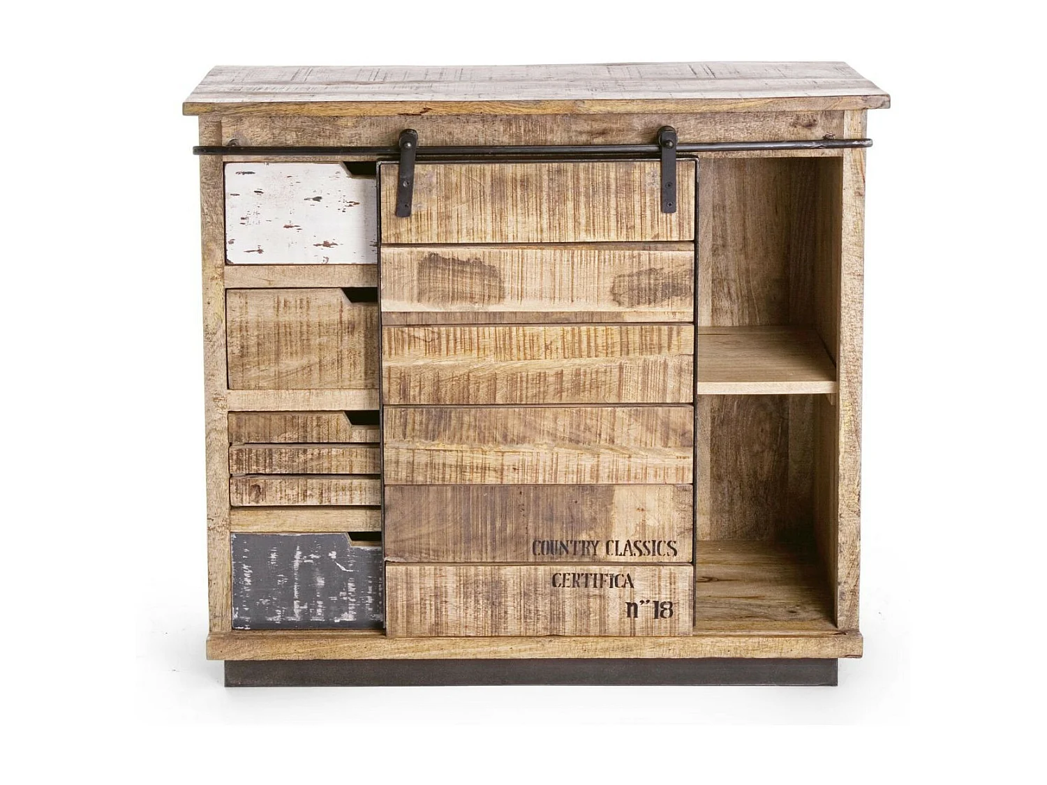 Buffet bas en bois de manguier et métal 1 porte coulissante 4 tiroirs - HARLEM