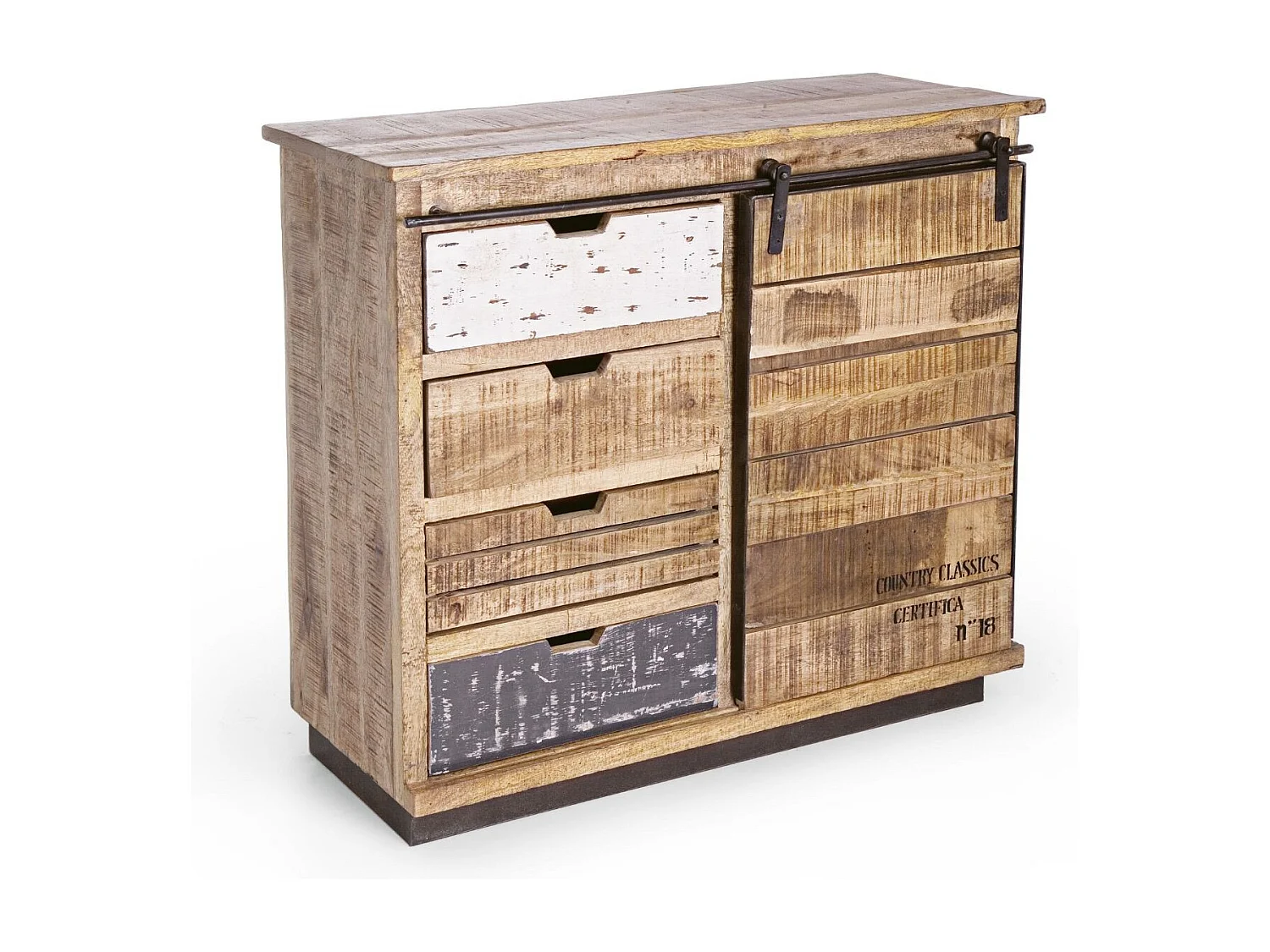 Buffet bas en bois de manguier et métal 1 porte coulissante 4 tiroirs - HARLEM