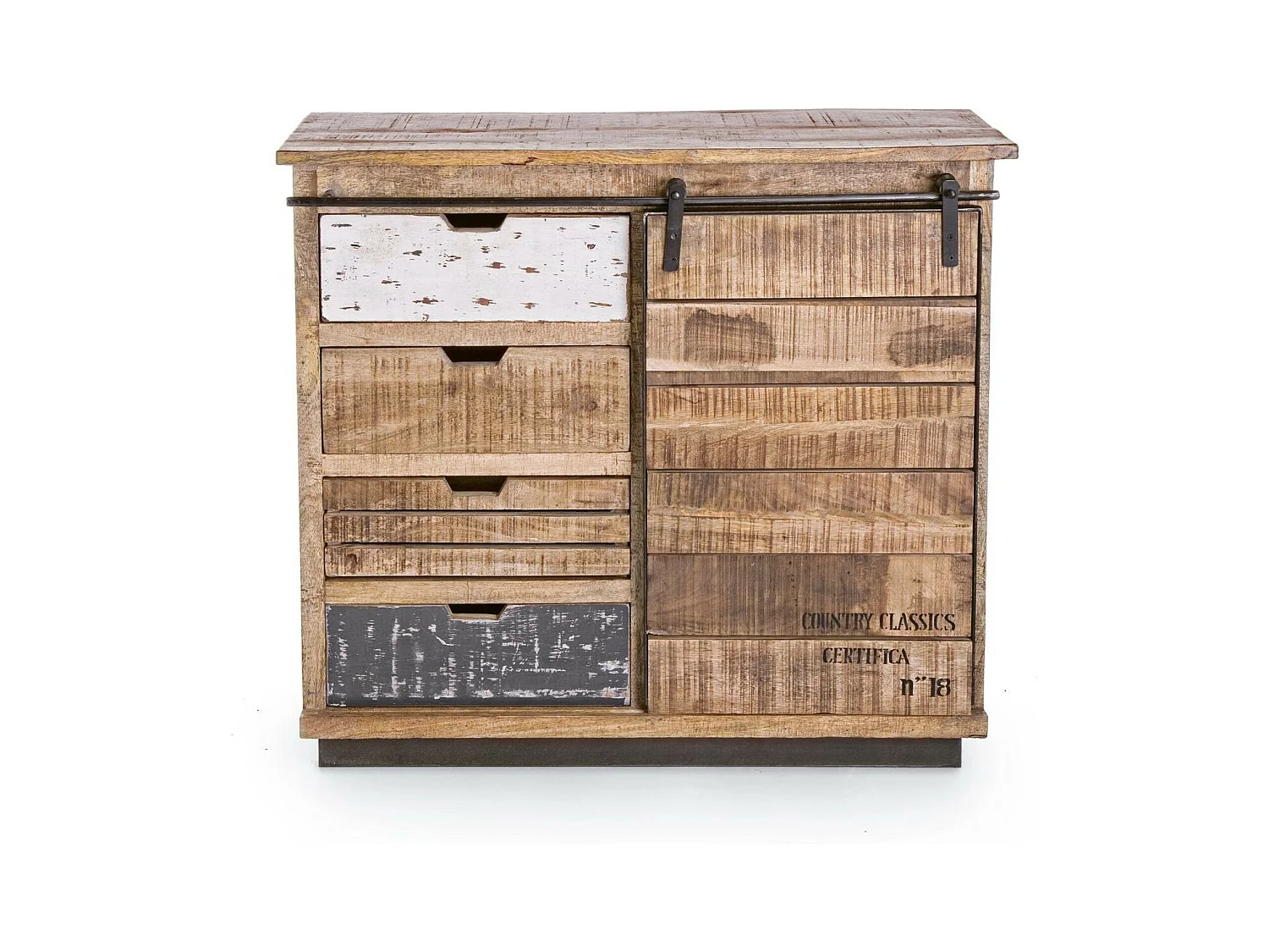Buffet bas en bois de manguier et métal 1 porte coulissante 4 tiroirs - HARLEM
