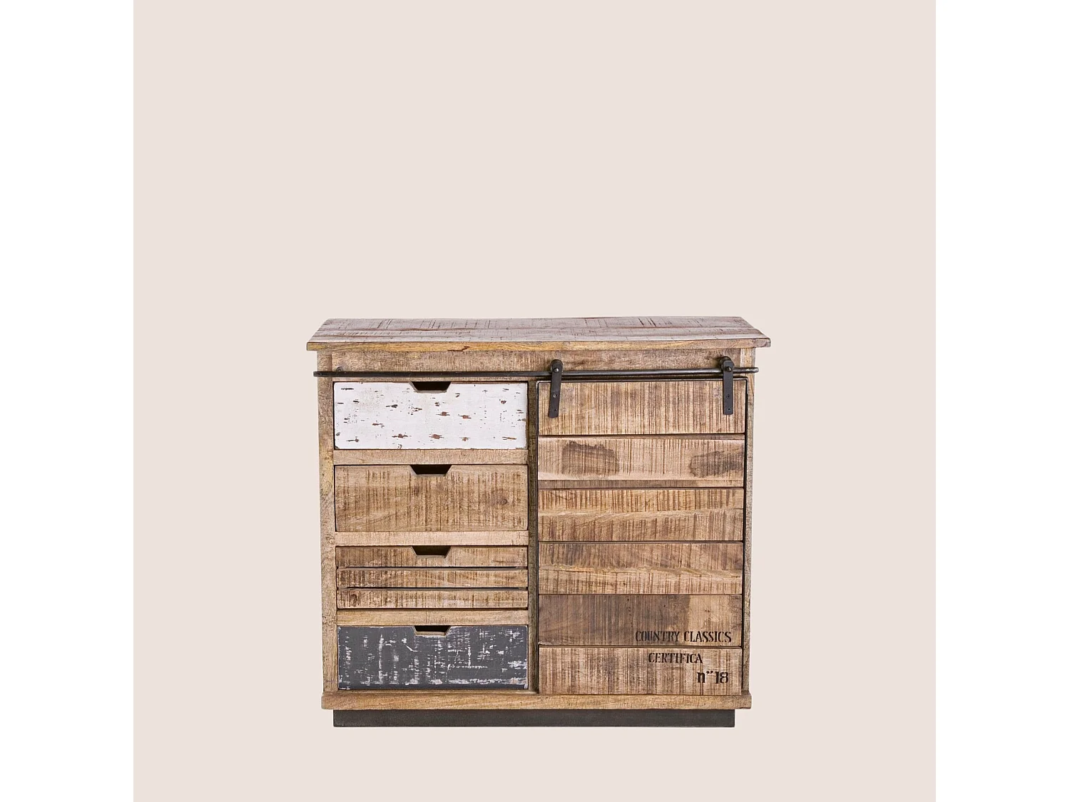 Buffet bas en bois de manguier et métal 1 porte coulissante 4 tiroirs - HARLEM