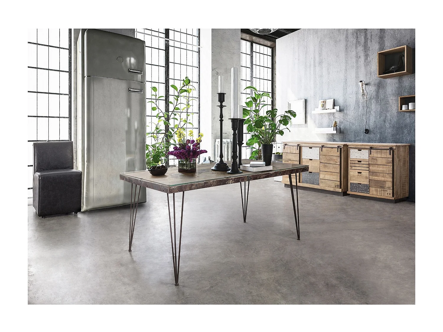 Buffet bas en bois de manguier et métal 1 porte coulissante 4 tiroirs - HARLEM