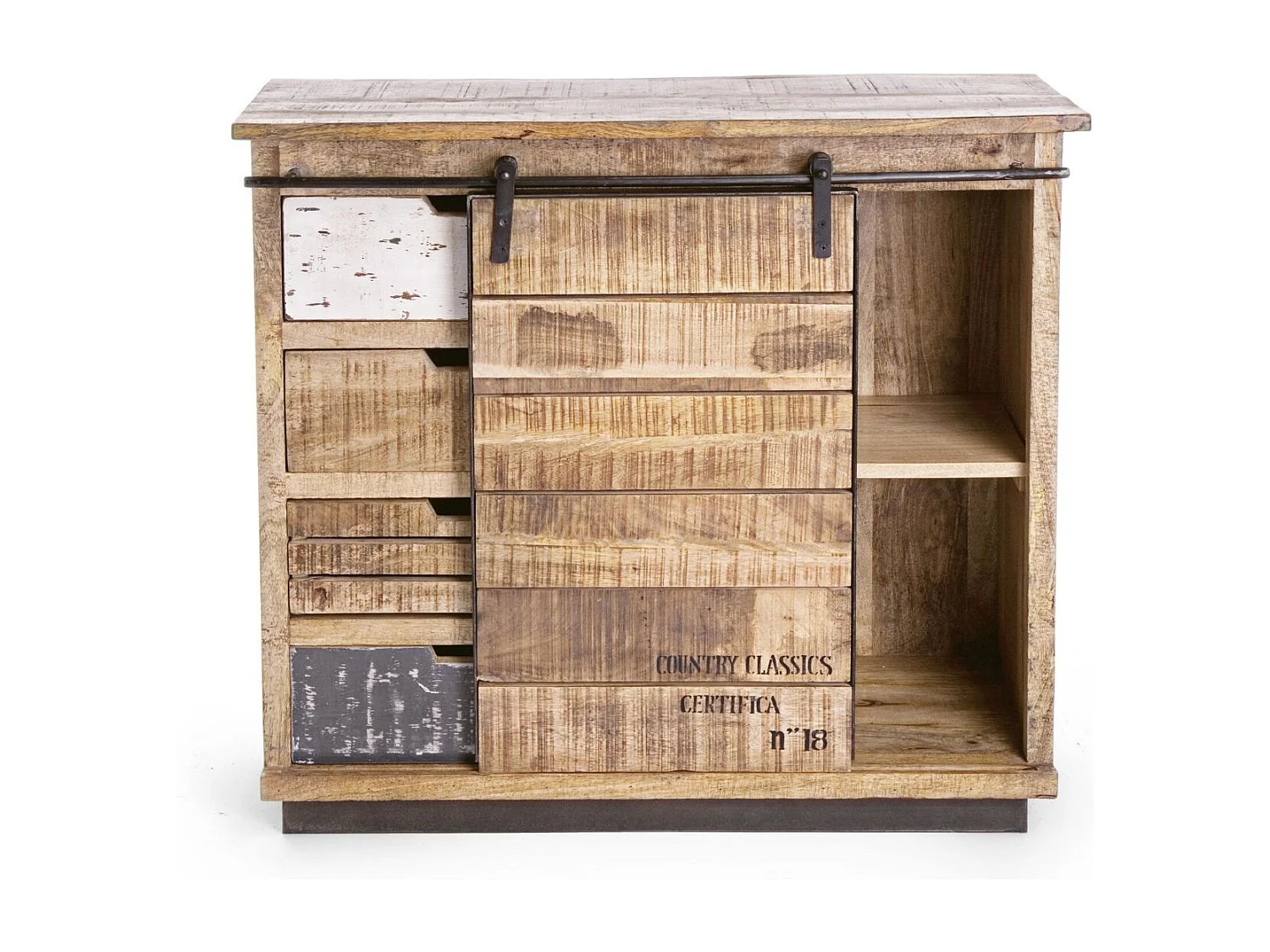 Buffet bas en bois de manguier et métal 1 porte coulissante 4 tiroirs - HARLEM