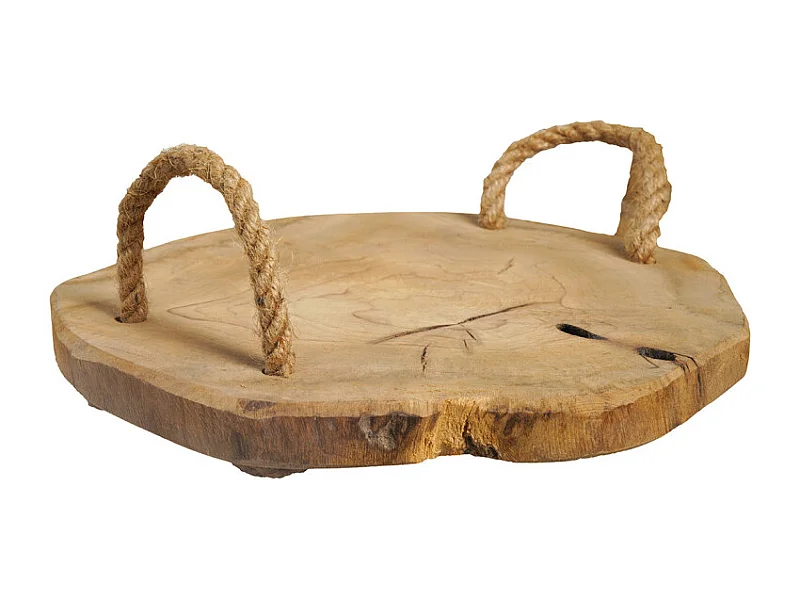 Plateau apéro 31 cm en bois de teck brut et poignées corde – PEYTON