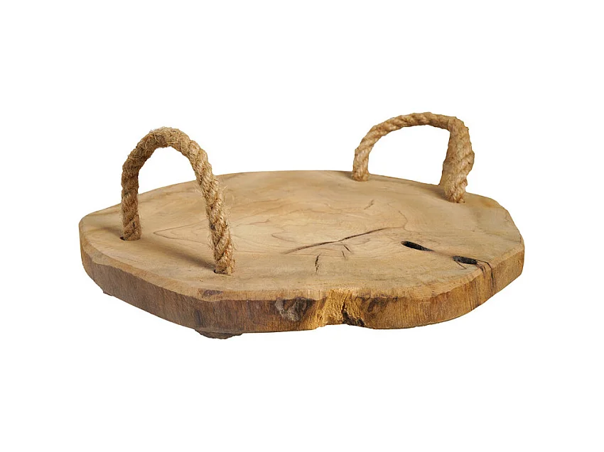 Plateau apéro 31 cm en bois de teck brut et poignées corde – PEYTON