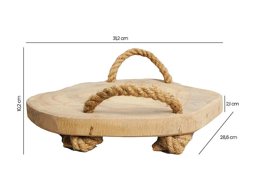 Plateau apéro 31 cm en bois de teck brut et poignées corde – PEYTON