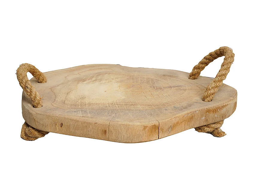 Plateau apéro 31 cm en bois de teck brut et poignées corde – PEYTON