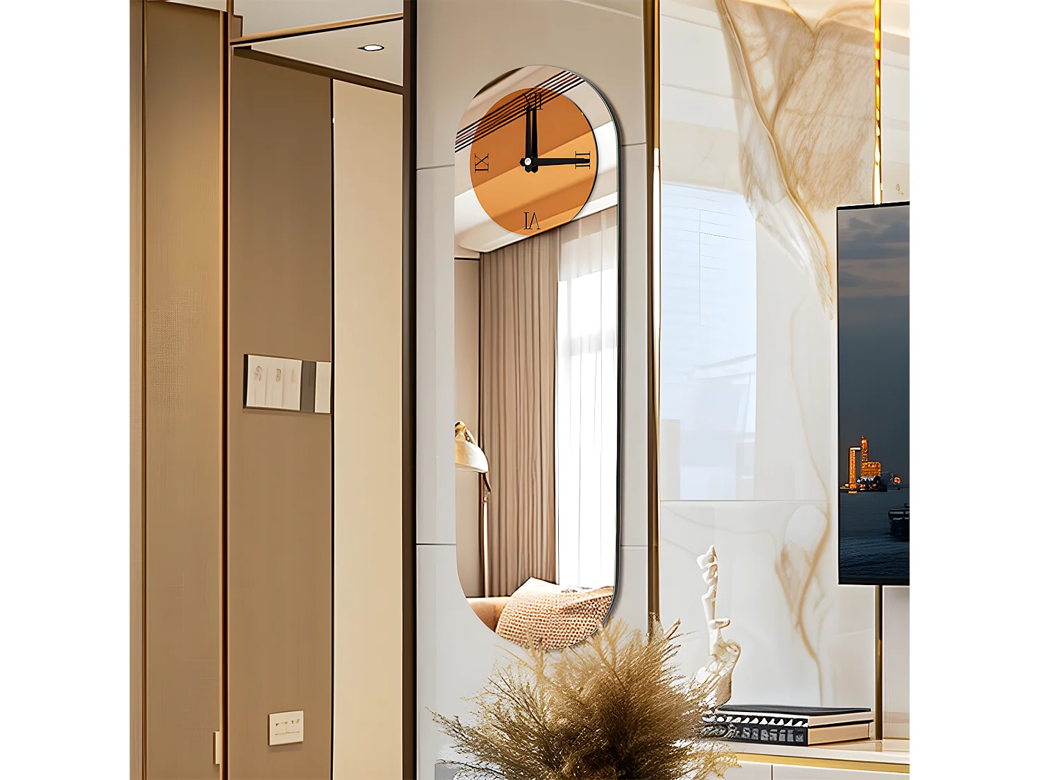 Horloge murale design silencieuse - 100x32cm - Grande pendule en miroir - Montre chiffre romain moderne