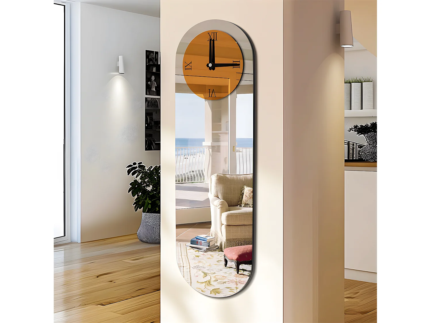 Horloge murale design silencieuse - 100x32cm - Grande pendule en miroir - Montre chiffre romain moderne