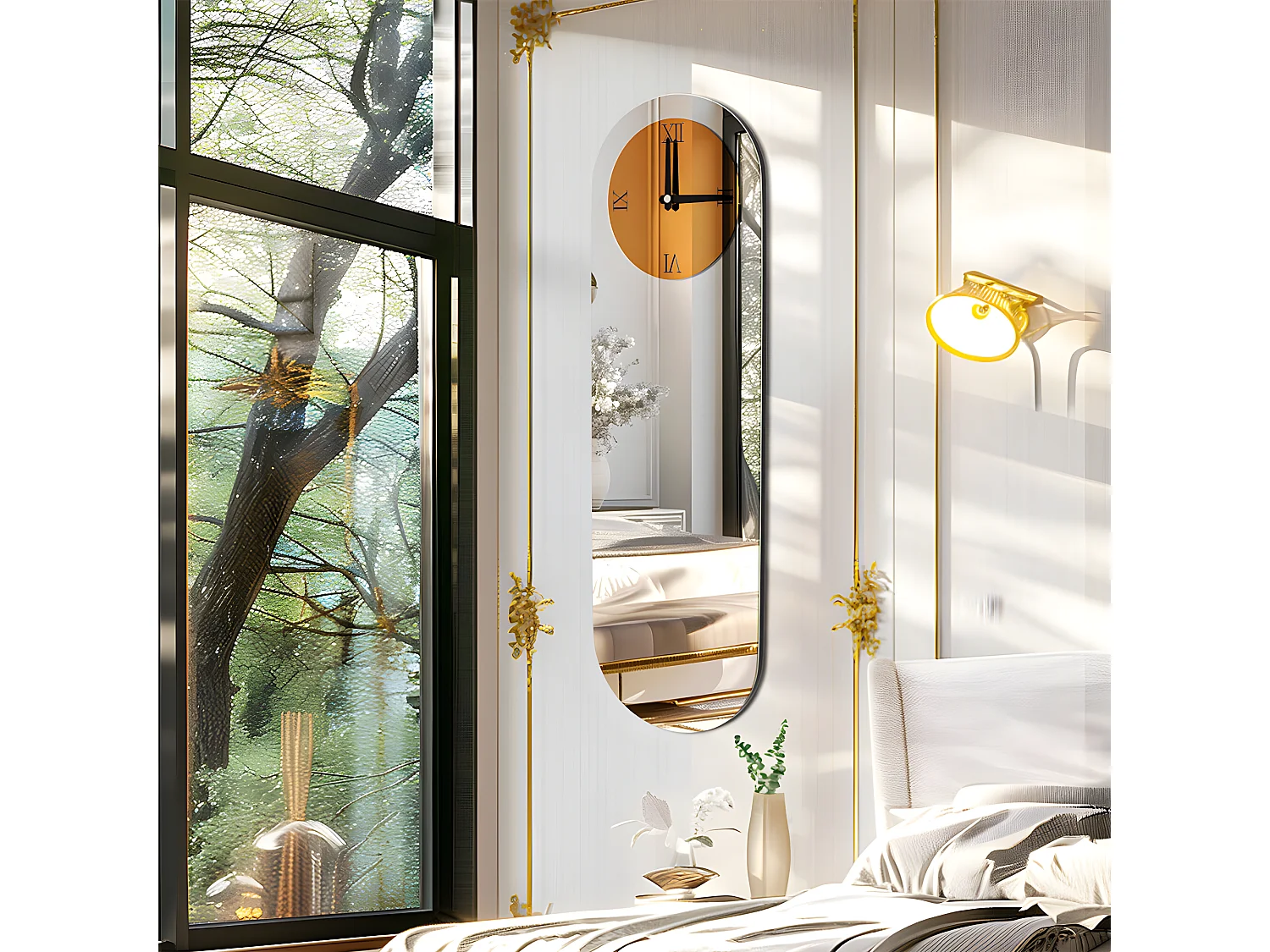 Horloge murale design silencieuse - 100x32cm - Grande pendule en miroir - Montre chiffre romain moderne