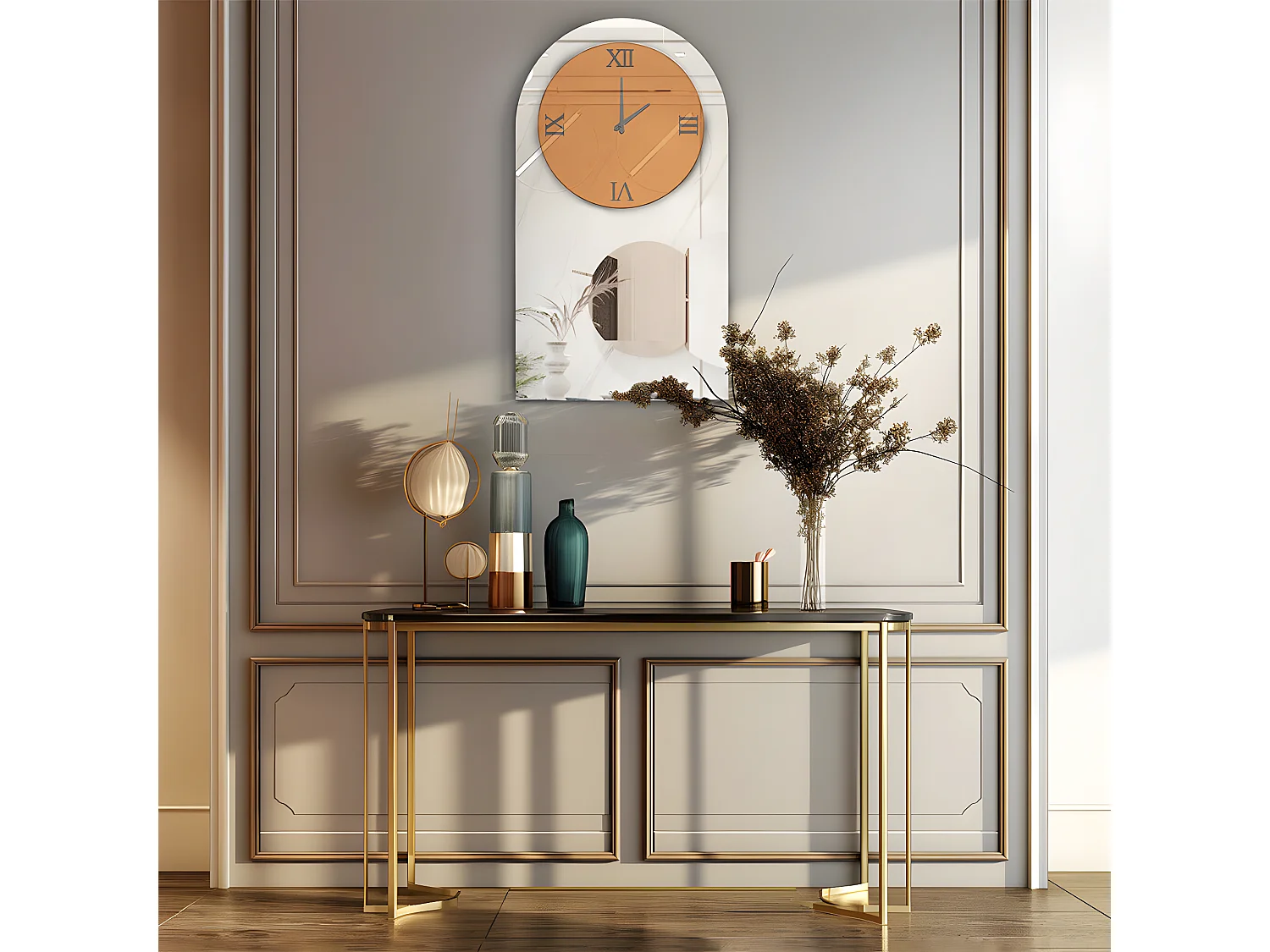 Horloge murale design silencieuse - 90x50cm - Grande pendule en miroir - Montre chiffre romain moderne