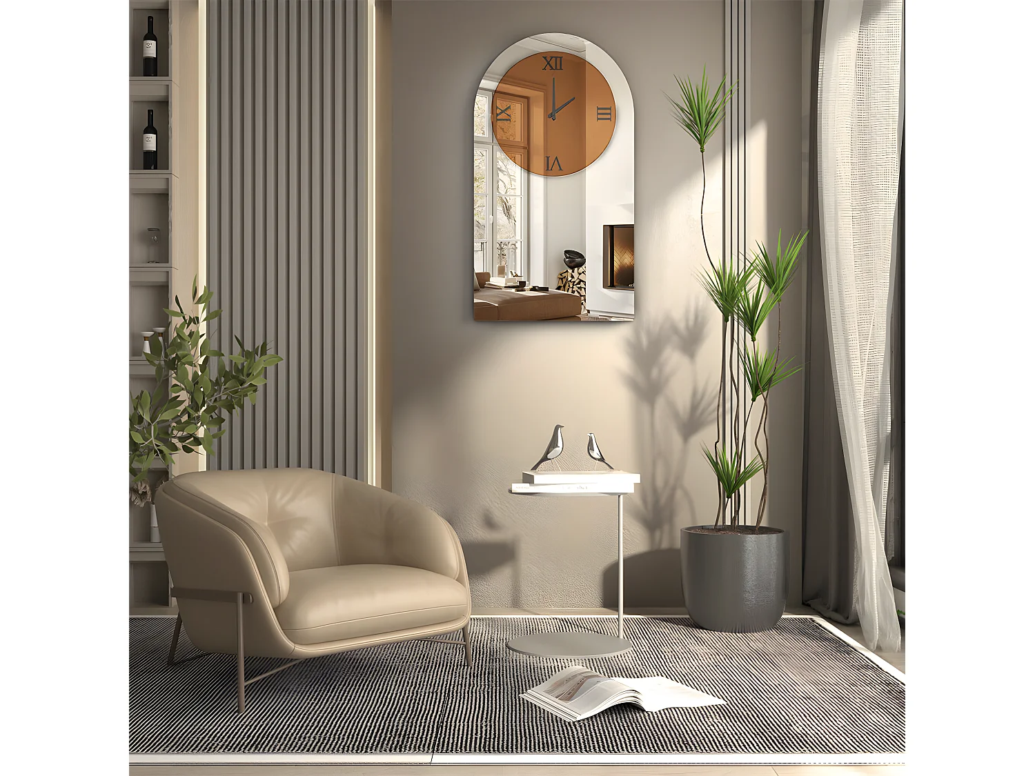 Horloge murale design silencieuse - 90x50cm - Grande pendule en miroir - Montre chiffre romain moderne