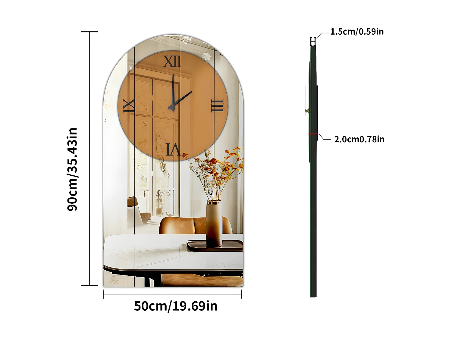 Horloge murale design silencieuse - 90x50cm - Grande pendule en miroir - Montre chiffre romain moderne