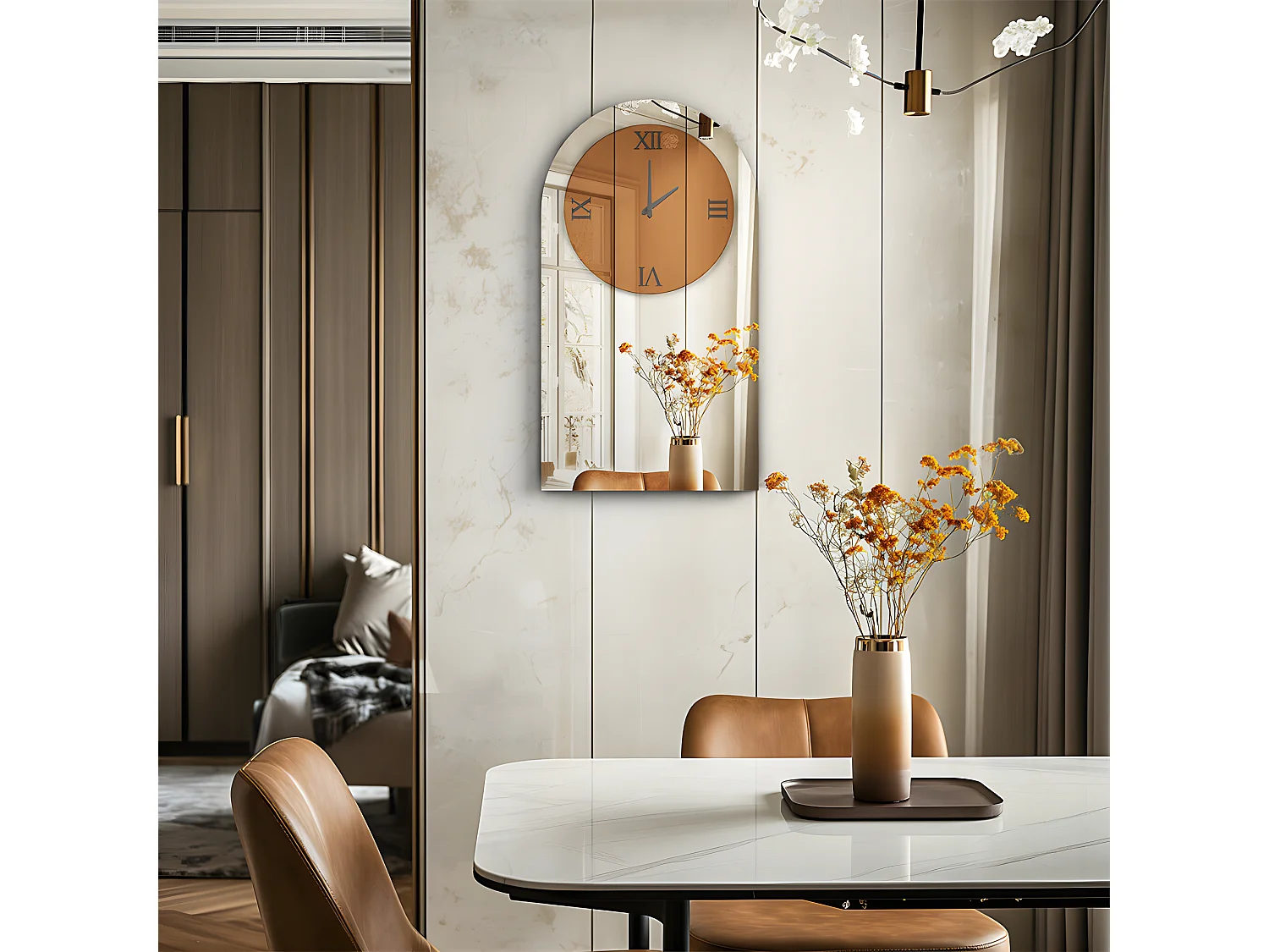 Horloge murale design silencieuse - 90x50cm - Grande pendule en miroir - Montre chiffre romain moderne