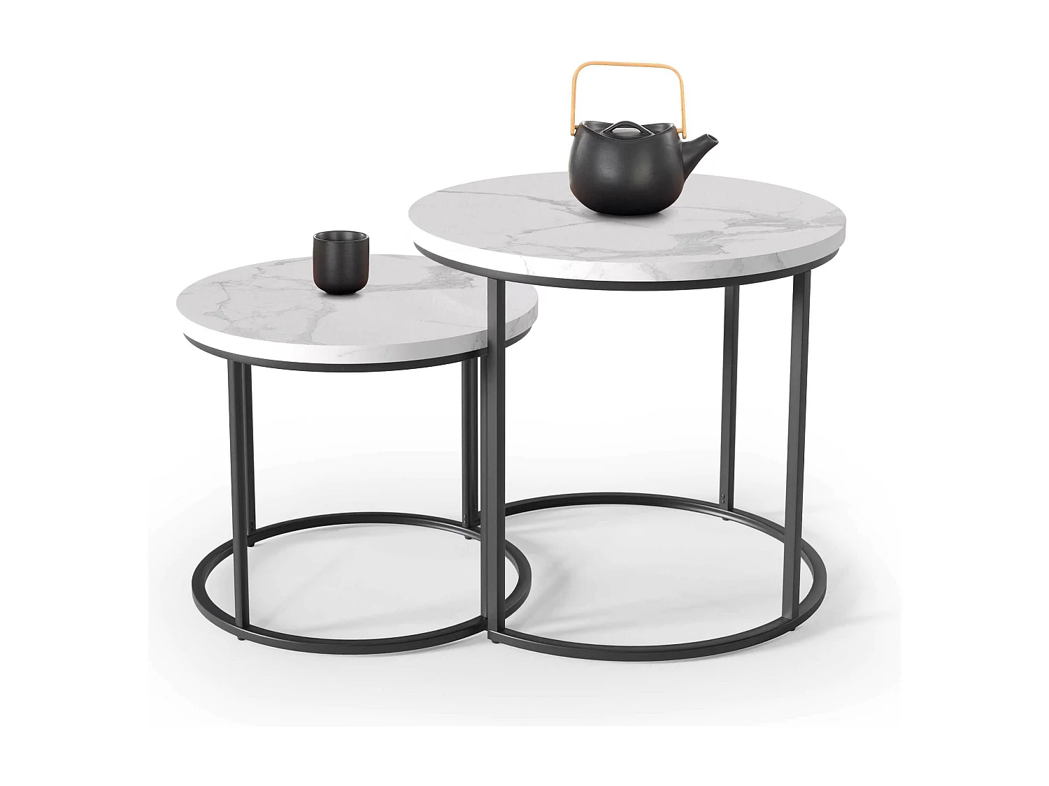 Ensemble de deux tables basses gigognes aspect marbre blanc et métal noir Cepheus