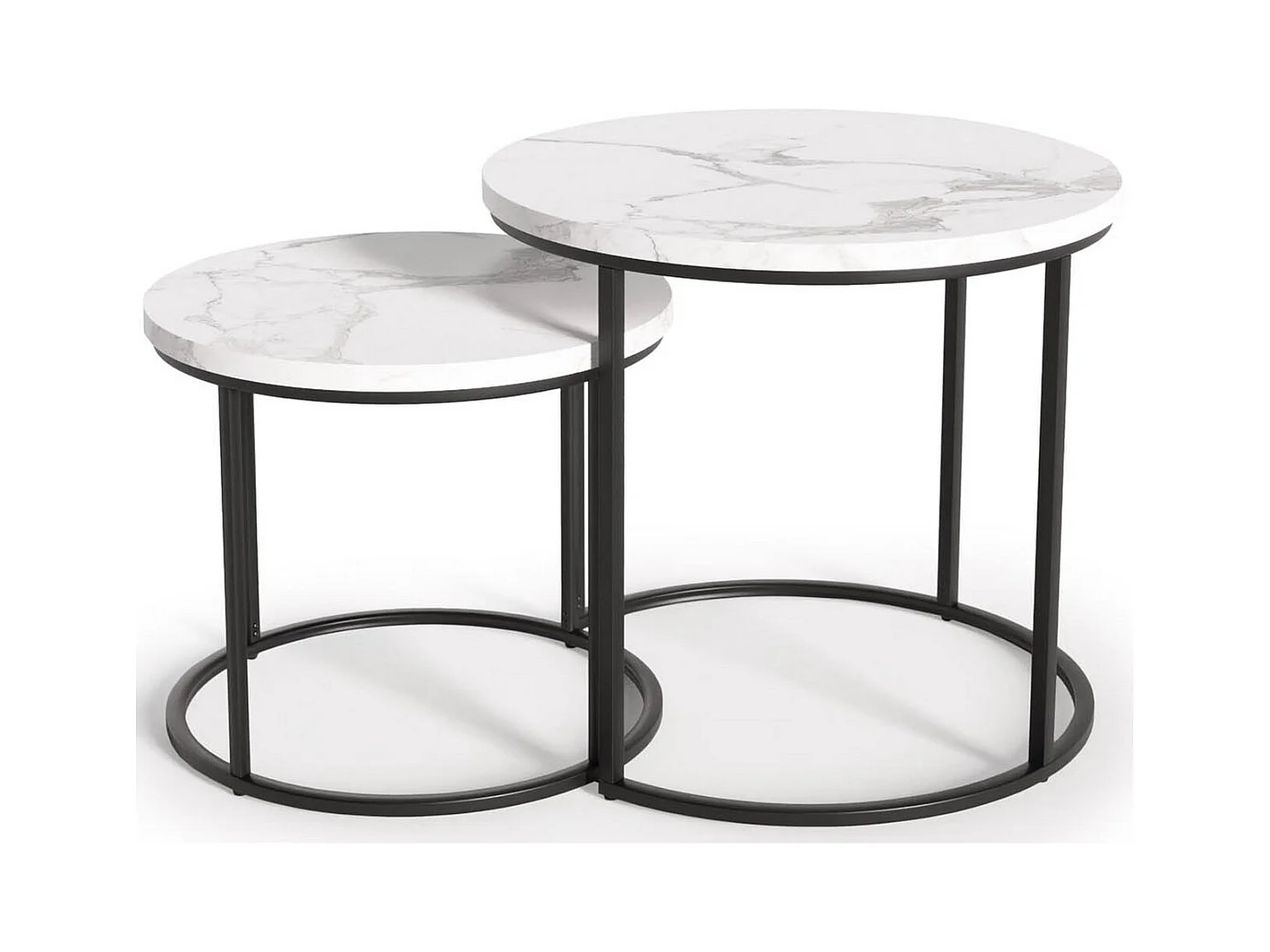 Ensemble de deux tables basses gigognes aspect marbre blanc et métal noir Cepheus