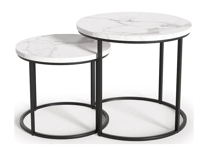 Ensemble de deux tables basses gigognes aspect marbre blanc et métal noir Cepheus