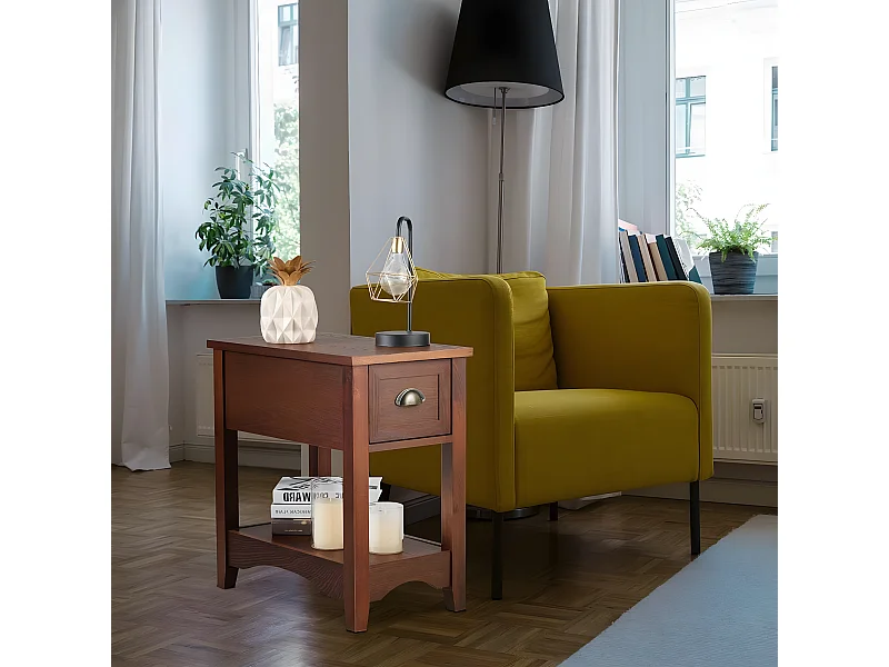 Table de Chevet avec Tiroir, Table d'Appoint Pieds en Bois d'Hévéa, Bout de Canapé Rétro pour Chambre, Salon, 56 x 33 x 58,5 cm (Brun rougeâtre, Lot de 1)