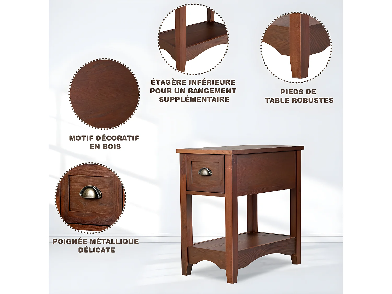 Table de Chevet avec Tiroir, Table d'Appoint Pieds en Bois d'Hévéa, Bout de Canapé Rétro pour Chambre, Salon, 56 x 33 x 58,5 cm (Brun rougeâtre, Lot de 1)