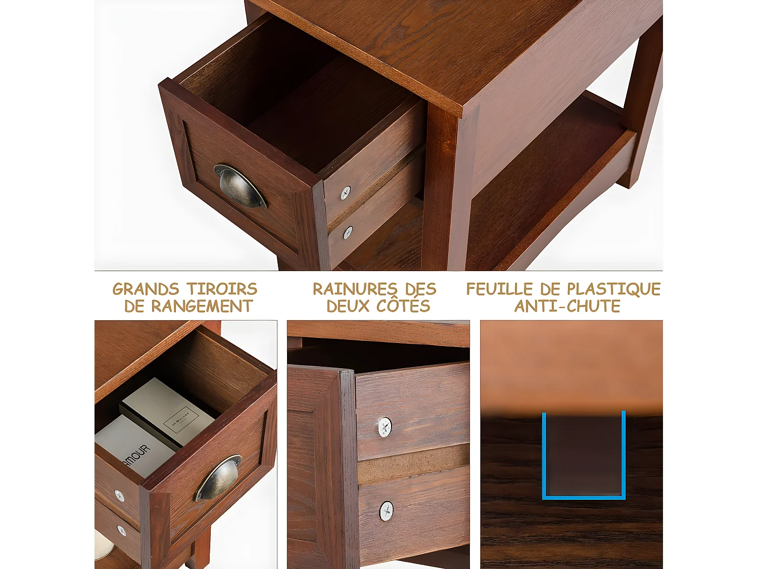 Table de Chevet avec Tiroir, Table d'Appoint Pieds en Bois d'Hévéa, Bout de Canapé Rétro pour Chambre, Salon, 56 x 33 x 58,5 cm (Brun rougeâtre, Lot de 1)