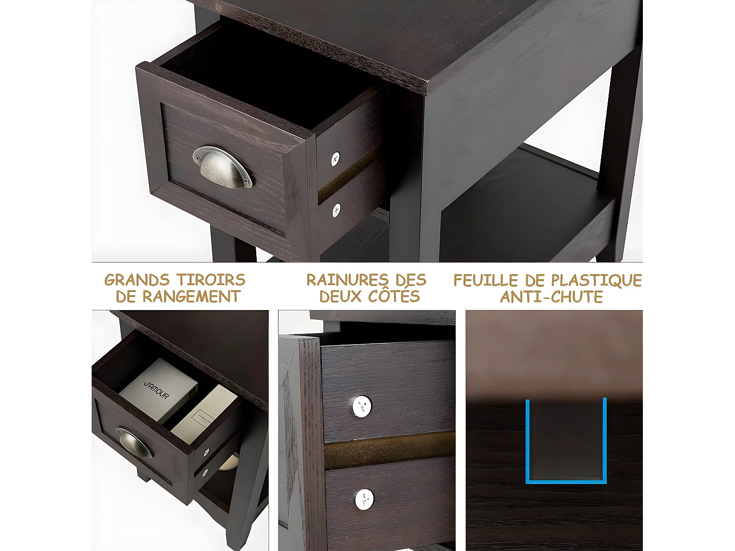 Table de Chevet avec Tiroir, Table d'Appoint Pieds en Bois d'Hévéa, Bout de Canapé Rétro pour Chambre, Salon, 56 x 33 x 58,5 cm (Noyer, Lot de 1)