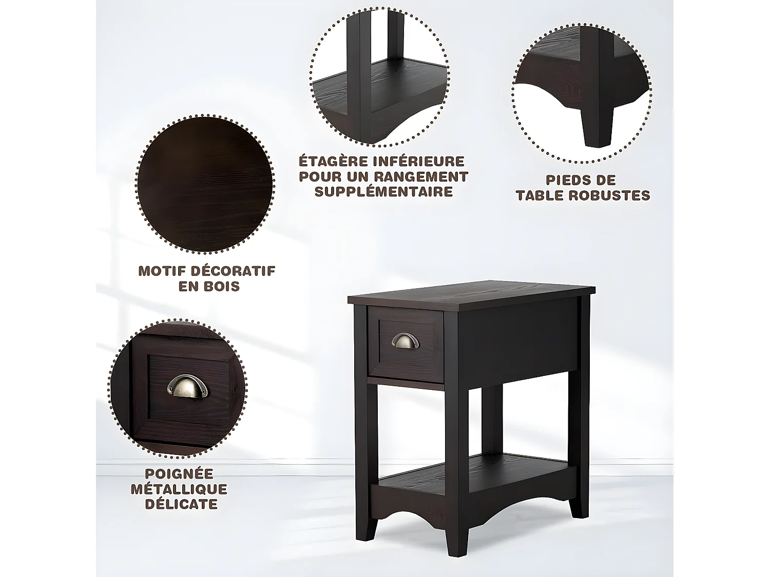 Table de Chevet avec Tiroir, Table d'Appoint Pieds en Bois d'Hévéa, Bout de Canapé Rétro pour Chambre, Salon, 56 x 33 x 58,5 cm (Noyer, Lot de 1)