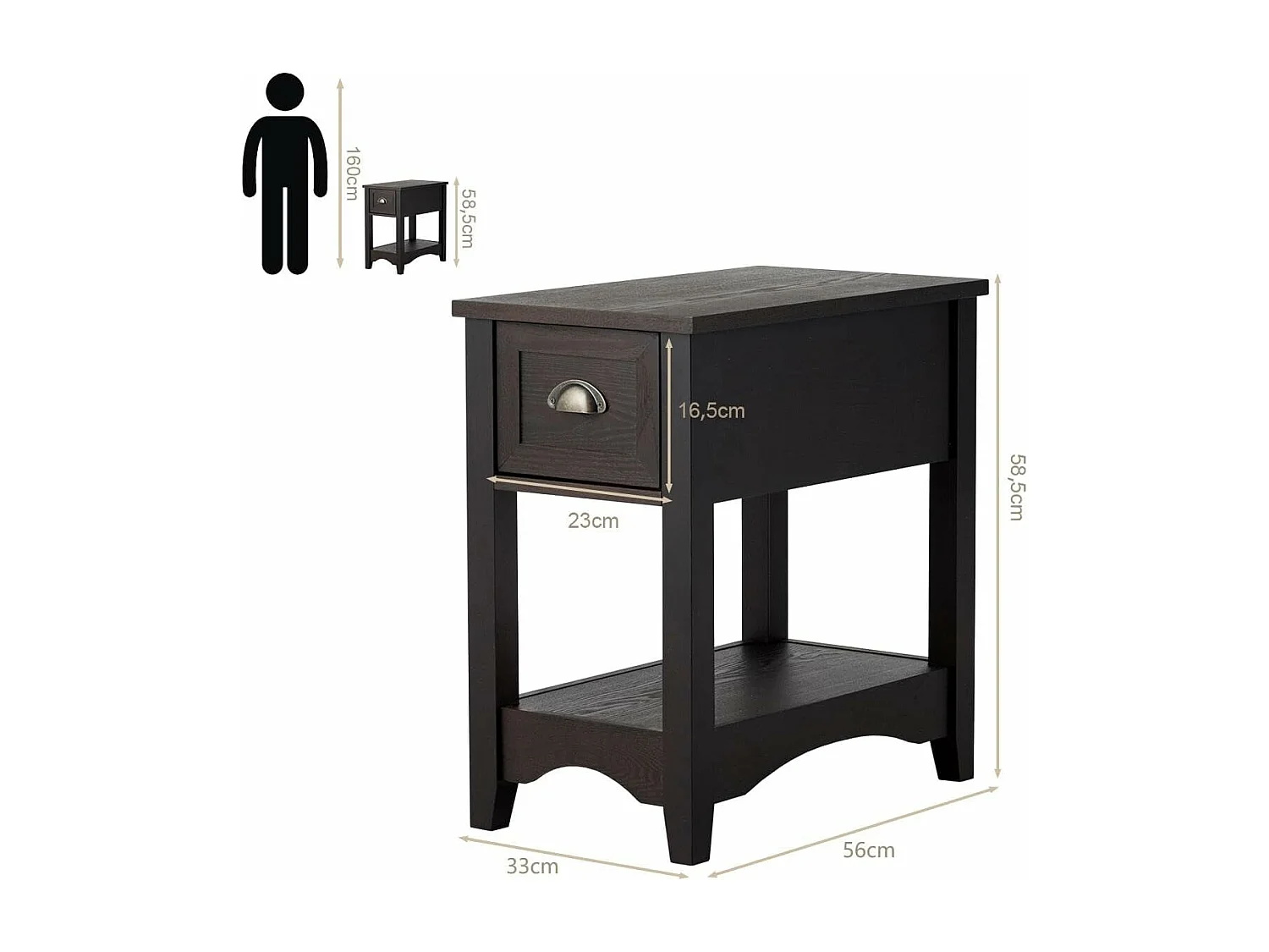 Table de Chevet avec Tiroir, Table d'Appoint Pieds en Bois d'Hévéa, Bout de Canapé Rétro pour Chambre, Salon, 56 x 33 x 58,5 cm (Noyer, Lot de 1)