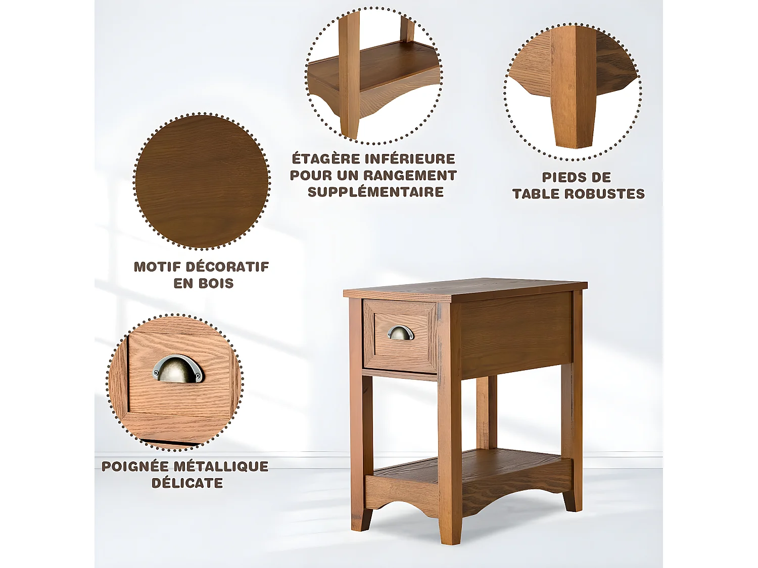 Table de Chevet avec Tiroir, Table d'Appoint Pieds en Bois d'Hévéa, Bout de Canapé Rétro pour Chambre, Salon, 56 x 33 x 58,5 cm (Fauve, Lot de 1)