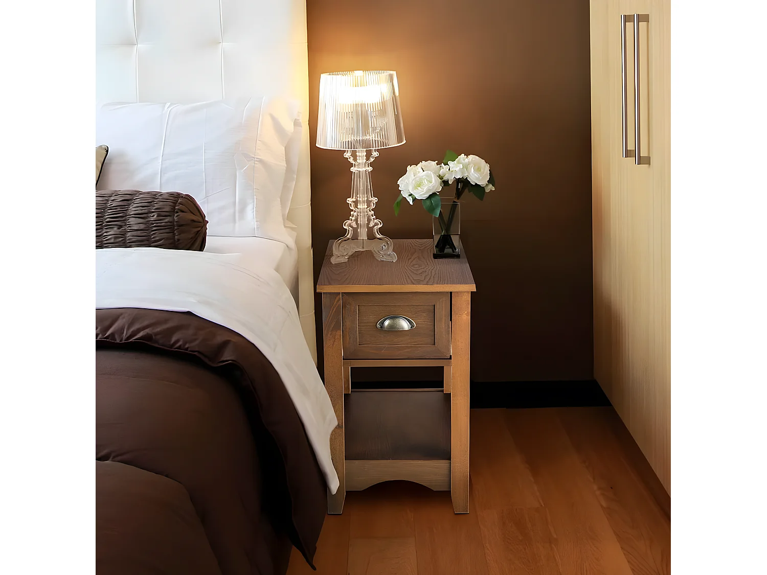 Table de Chevet avec Tiroir, Table d'Appoint Pieds en Bois d'Hévéa, Bout de Canapé Rétro pour Chambre, Salon, 56 x 33 x 58,5 cm (Fauve, Lot de 1)