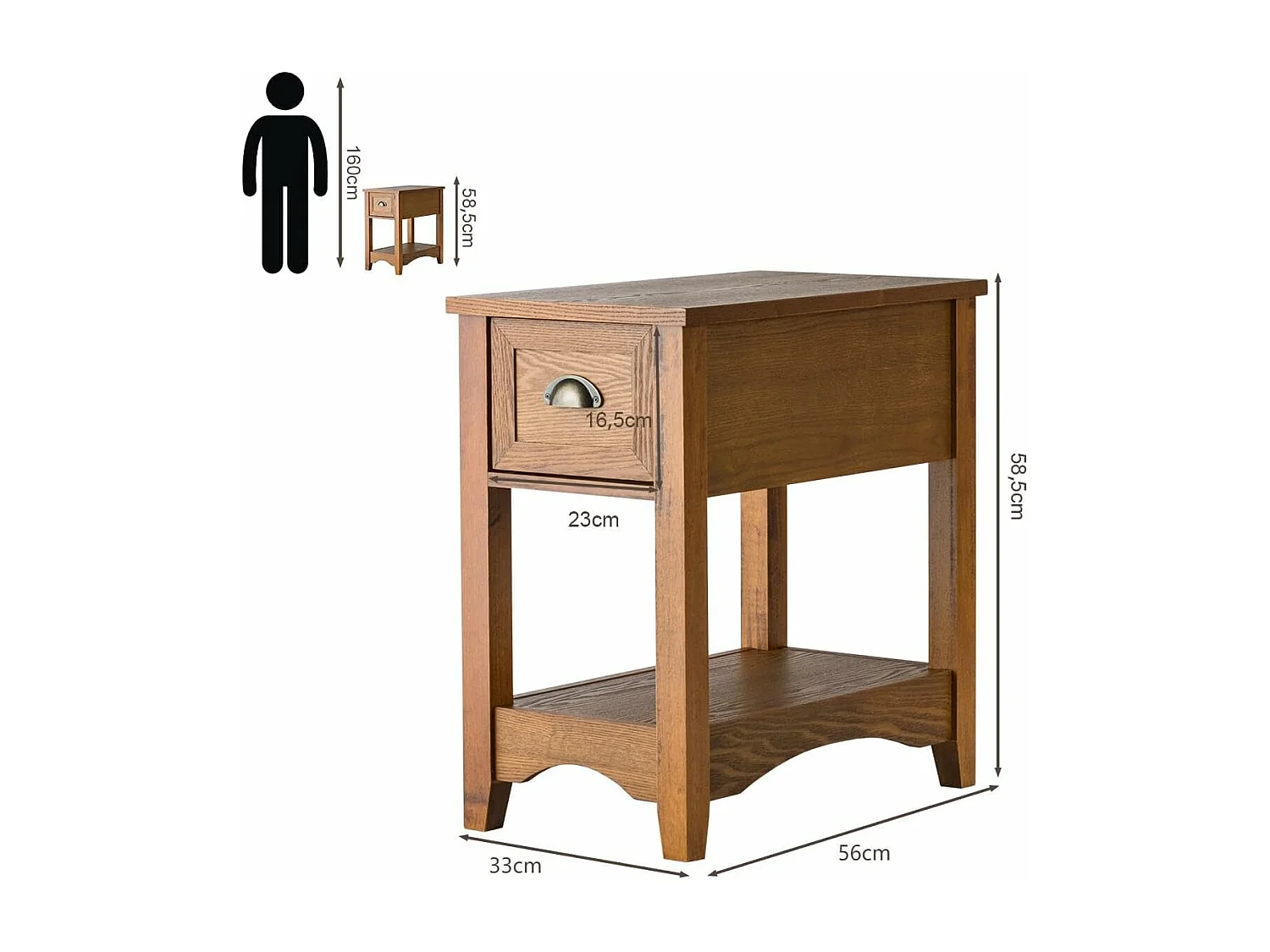Table de Chevet avec Tiroir, Table d'Appoint Pieds en Bois d'Hévéa, Bout de Canapé Rétro pour Chambre, Salon, 56 x 33 x 58,5 cm (Fauve, Lot de 1)