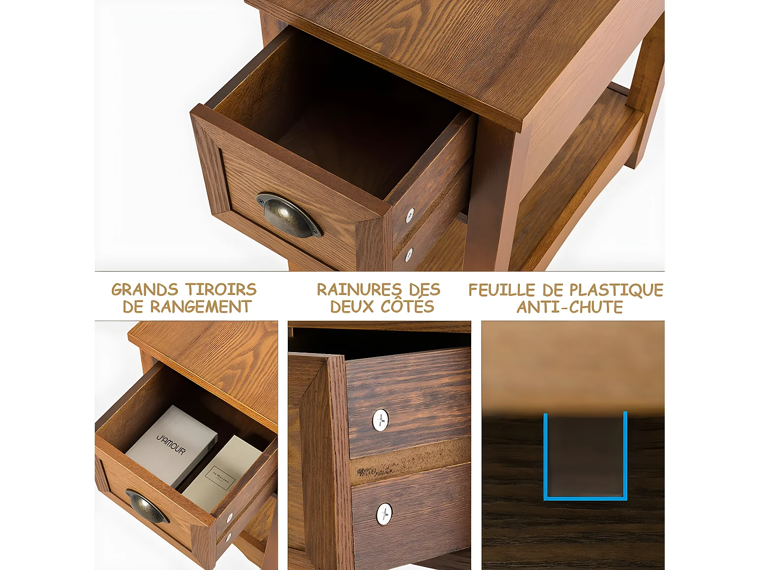 Table de Chevet avec Tiroir, Table d'Appoint Pieds en Bois d'Hévéa, Bout de Canapé Rétro pour Chambre, Salon, 56 x 33 x 58,5 cm (Fauve, Lot de 1)