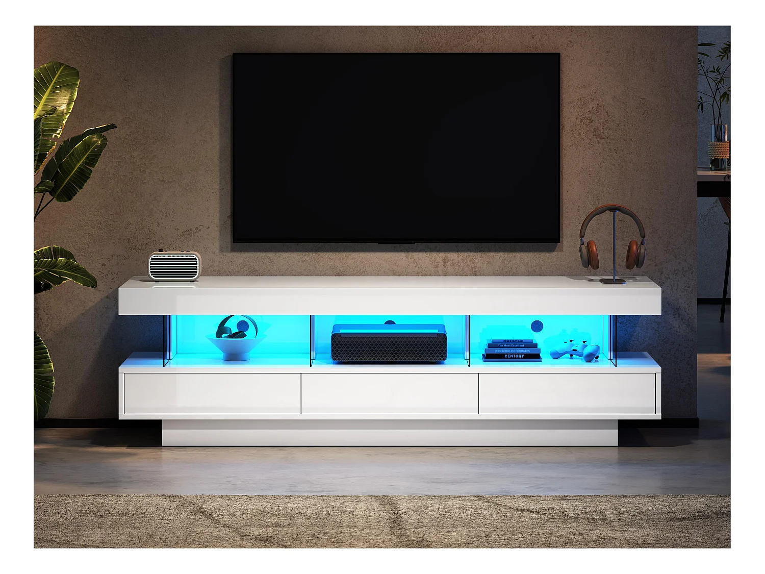 Meuble TV 160cm avec LED - 3 compartiments en verre - contrôlé par APP - adapté pour TV 70" - Blanc