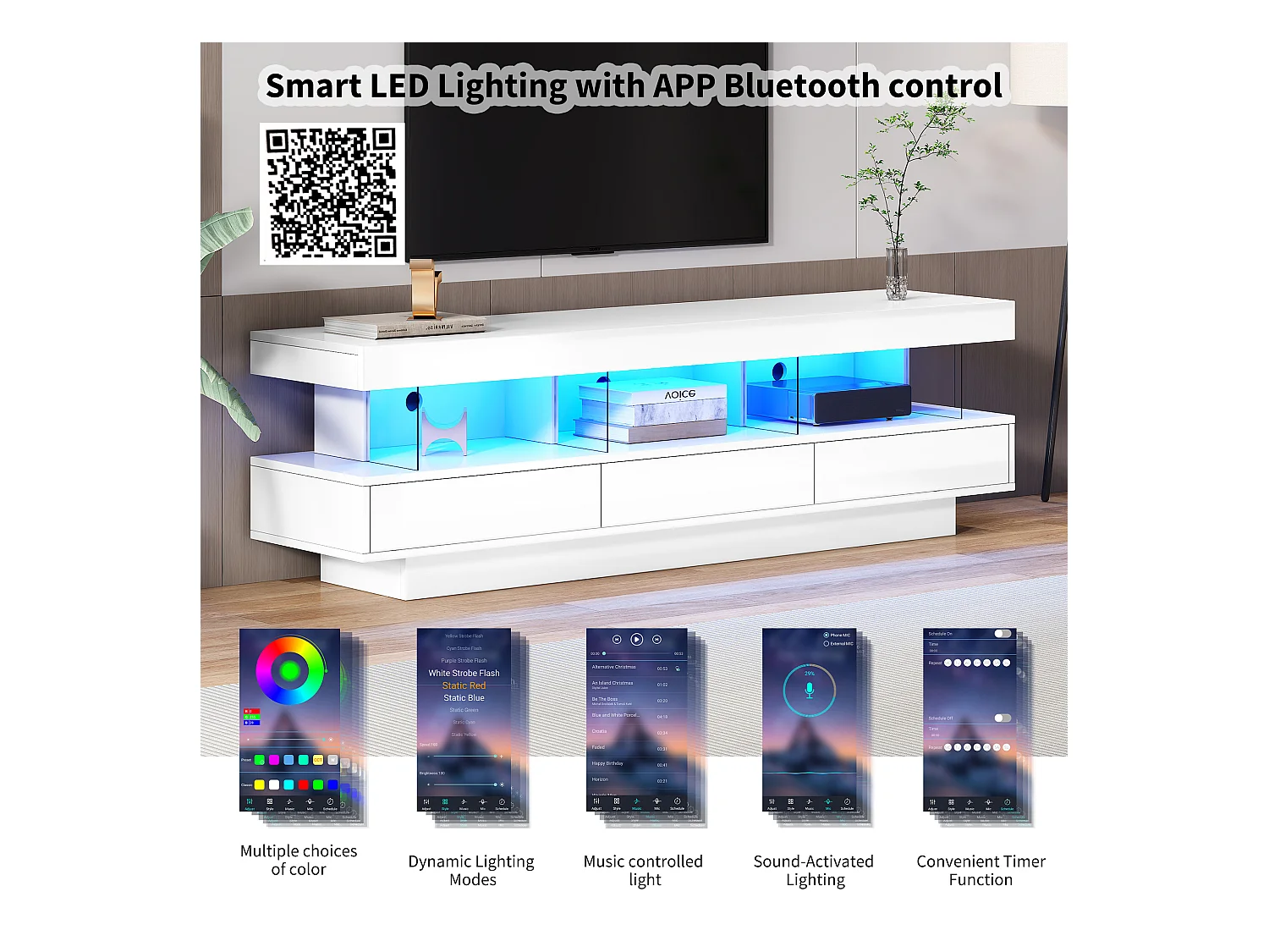 Meuble TV 160cm avec LED - 3 compartiments en verre - contrôlé par APP - adapté pour TV 70" - Blanc