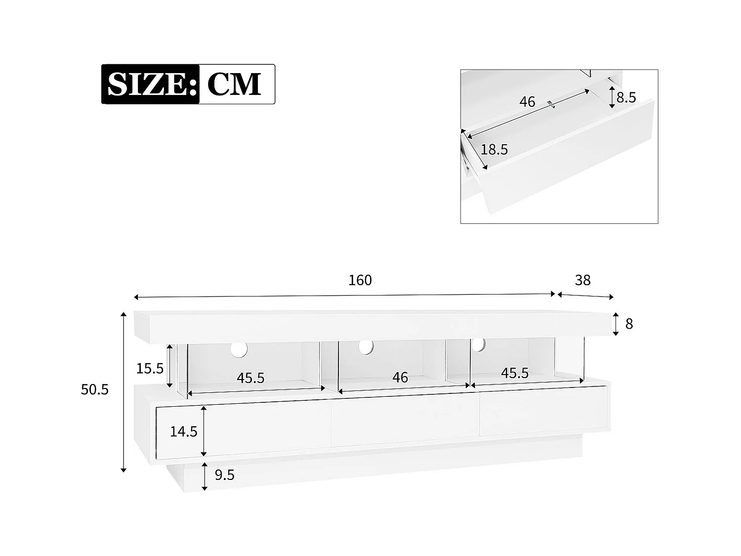 Meuble TV 160cm avec LED - 3 compartiments en verre - contrôlé par APP - adapté pour TV 70" - Blanc
