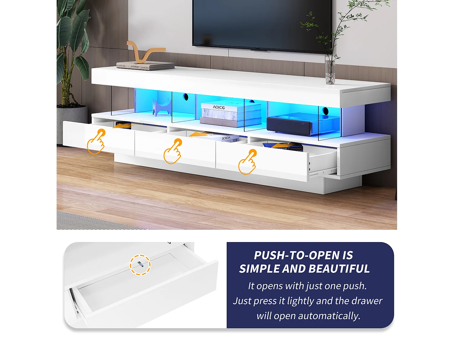 Meuble TV 160cm avec LED - 3 compartiments en verre - contrôlé par APP - adapté pour TV 70" - Blanc