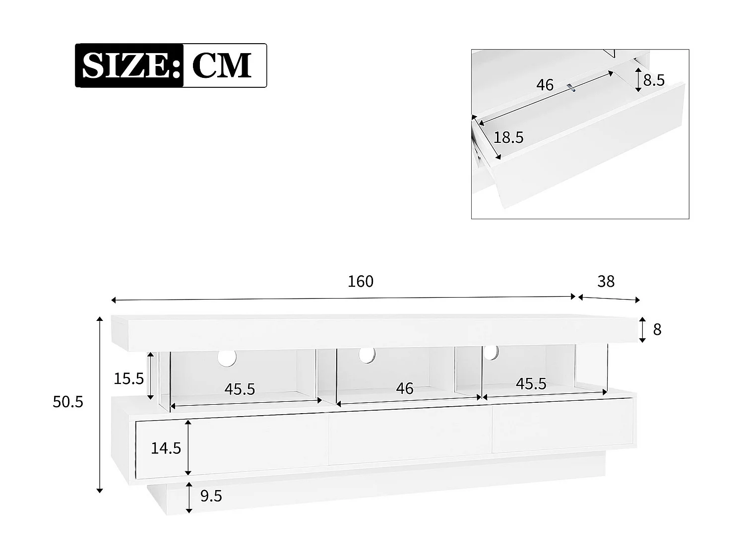 Meuble TV 160cm avec LED - 3 compartiments en verre - contrôlé par APP - adapté pour TV 70" - Blanc