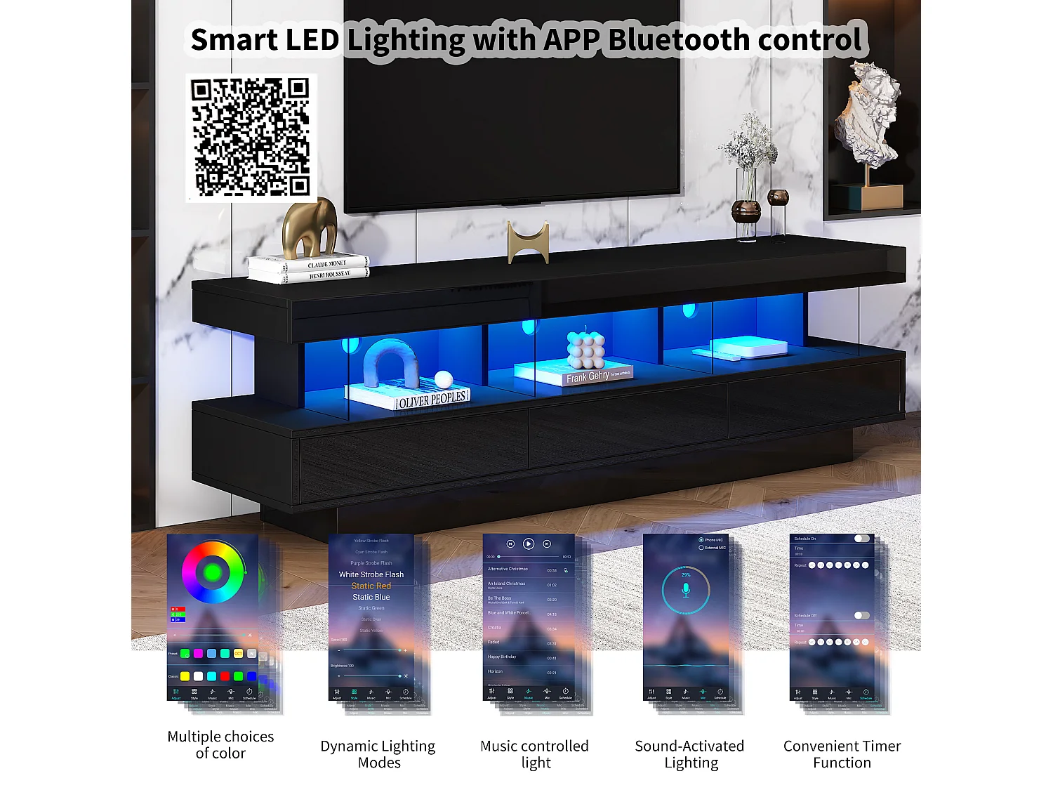 TV-meubel 160cm met LED - 3 glazen compartimenten - APP bestuurbaar - geschikt voor 70" TV - Zwart