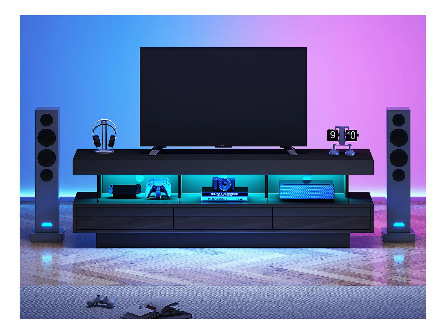 Meuble TV 160cm avec LED - 3 compartiments en verre - contrôlé par APP - adapté pour TV 70" - Noir