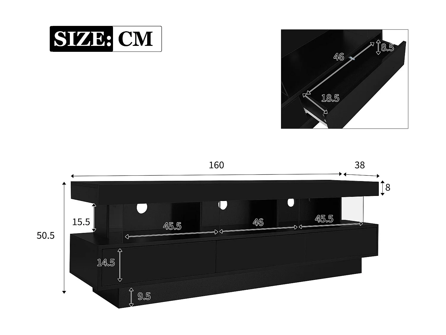 Meuble TV 160cm avec LED - 3 compartiments en verre - contrôlé par APP - adapté pour TV 70" - Noir