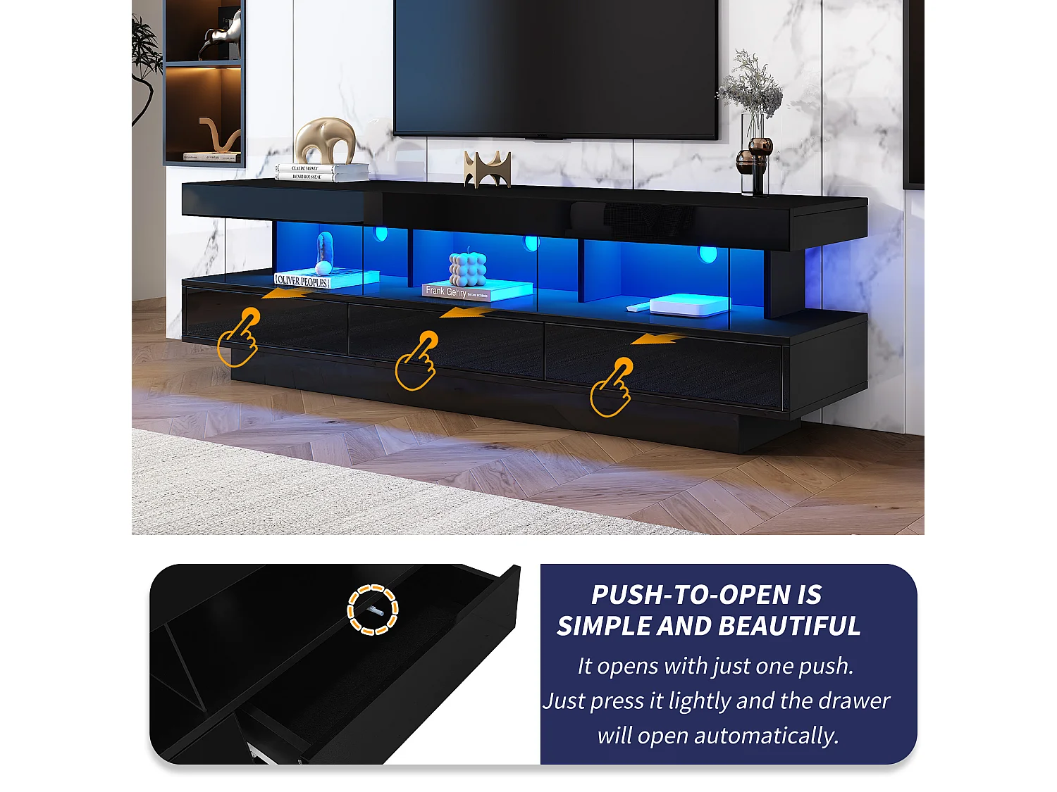 Meuble TV 160cm avec LED - 3 compartiments en verre - contrôlé par APP - adapté pour TV 70" - Noir