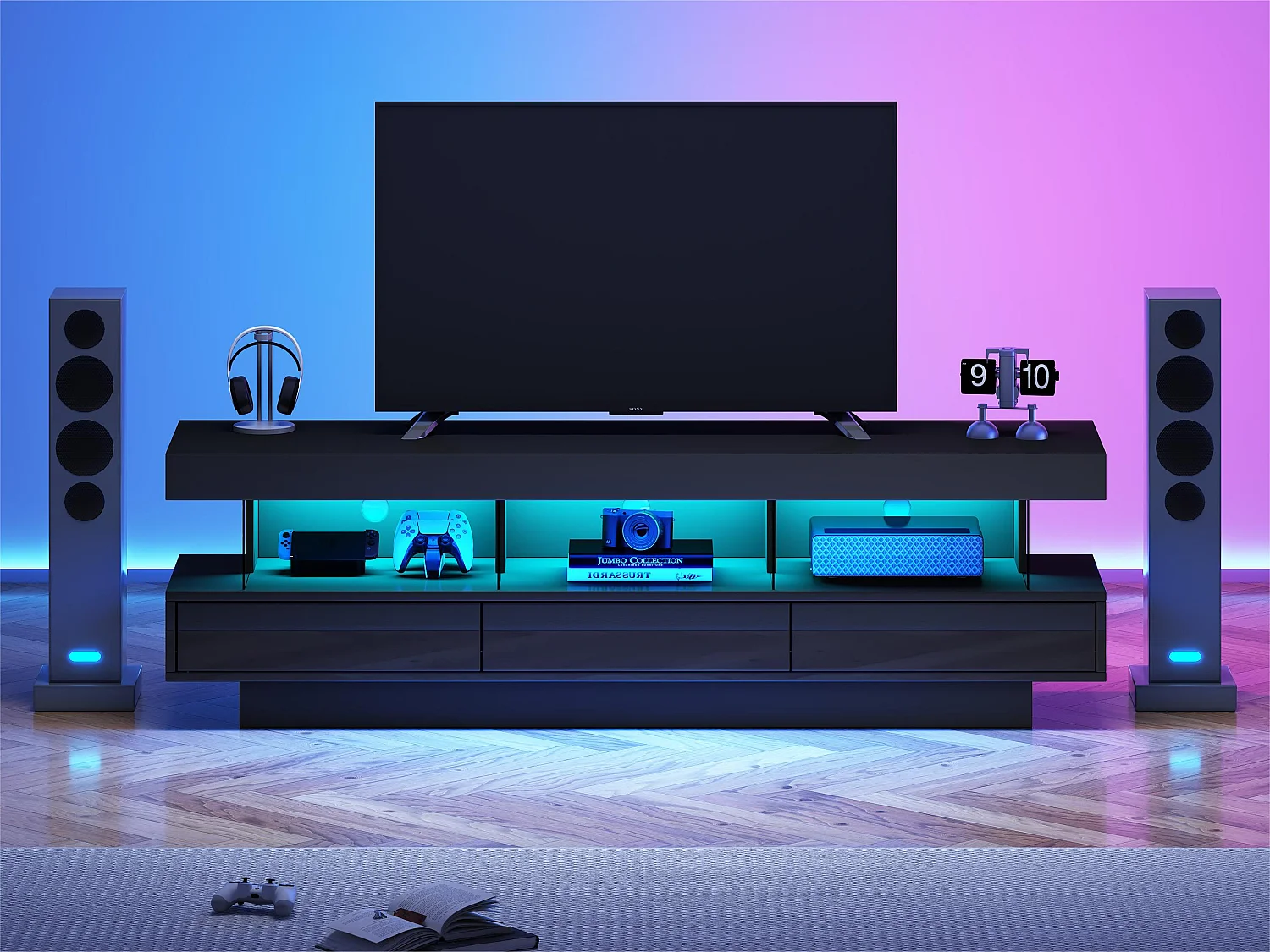 Meuble TV 160cm avec LED - 3 compartiments en verre - contrôlé par APP - adapté pour TV 70" - Noir