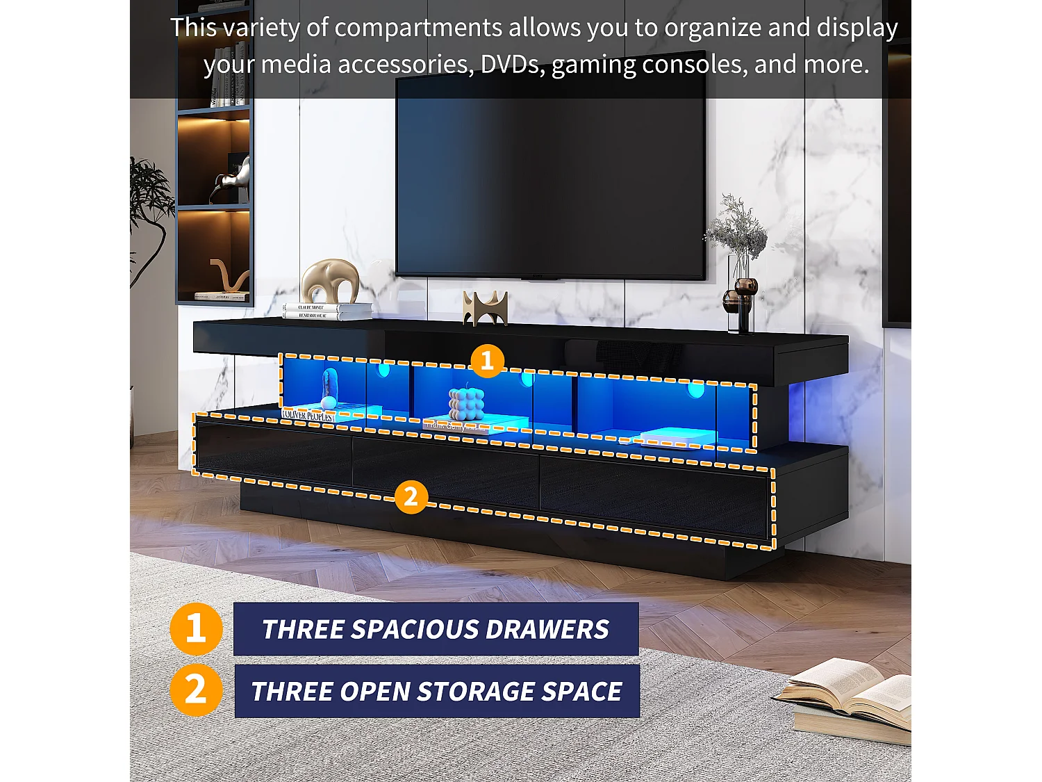 Meuble TV 160cm avec LED - 3 compartiments en verre - contrôlé par APP - adapté pour TV 70" - Noir